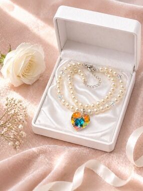 Real Freshwater Pearl Necklace 925 Sterling Aurora Borealis AB Crystal Heart 15